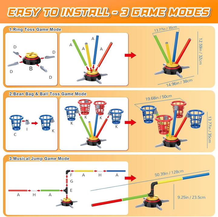 VATOS 3-in-1 Bohnensack- & Ringwurf-Spiel, Musikalische Sprünge für Kinder, Elektrische Drehbasis mi