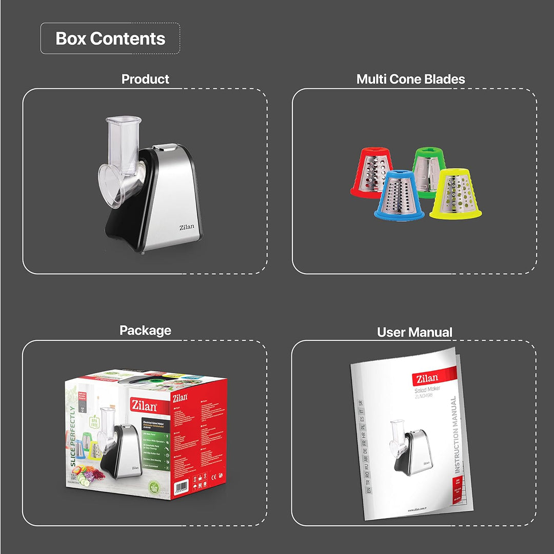 Zilan Gemüseschneider, elektrisch, 4 in 1, Raspeln, Schaben, Mandoline, Gemüse, Obst, 200 W
