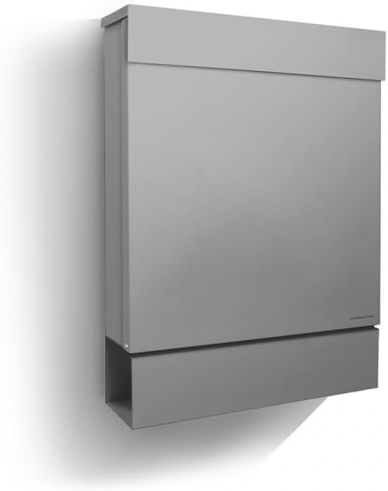 Letterman M Radius Design-Briefkasten mit Zeitungsfach Silber, moderner Postkasten mit Zeitungsrolle