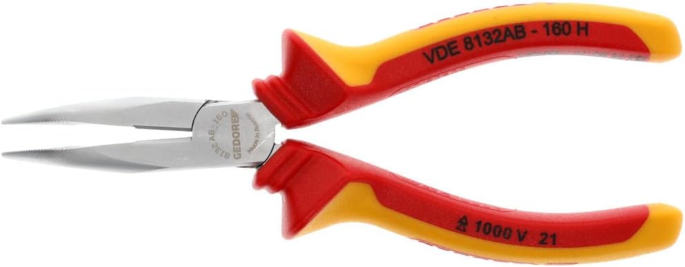 GEDORE VDE Flachrundzange, Elektronik, lange Backen, gezahnt, gewinkelt, induktiv gehärtet, Länge 20