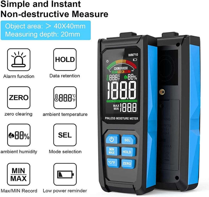 MESTEK WM710 Nadelfreies Hygrometer, digitaler Trockenwandfeuchtemelder, LCD-Display Wandfeuchtemess