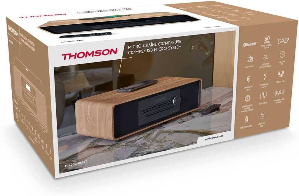 Micro-chaîne Bluetooth - THOMSON - Bois/Noir - Radio FM/DAB+/CD/MP3/USB/Induction, 75W, Affichage LC