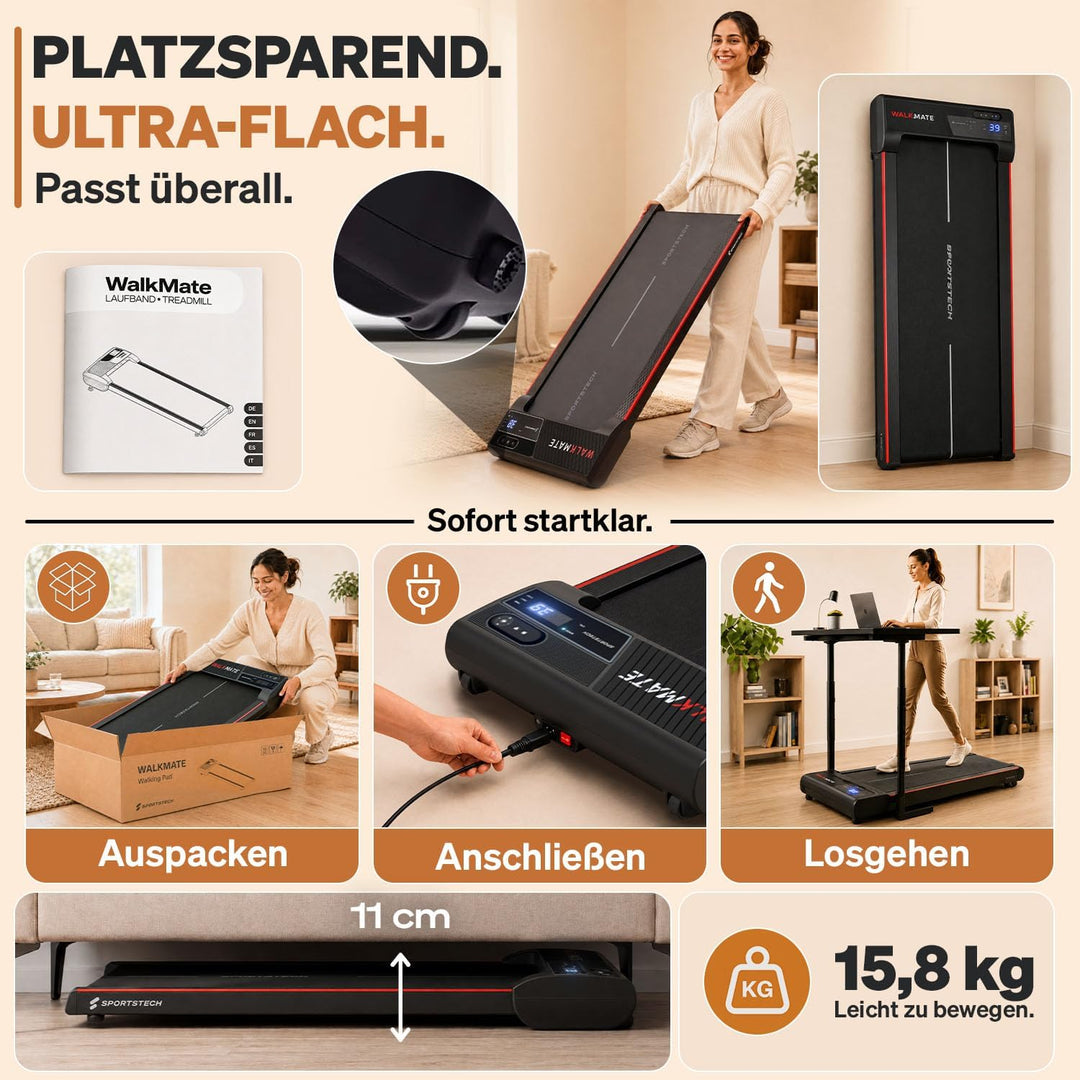 Sportstech Walking Pad - Laufband Für Zuhause mit Steigung bis 5% | 1-6km/h, inklusive App Mitglieds