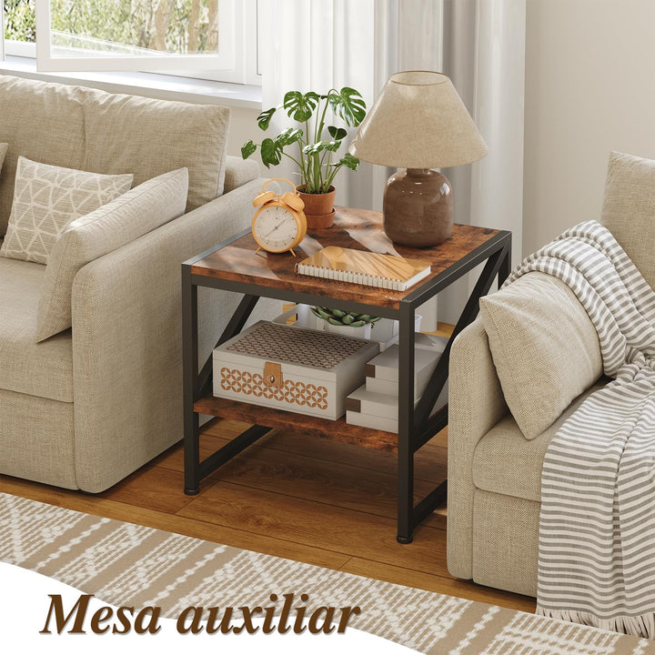 Beistelltisch Wohnzimmer 50x50 cm, Couchtisch mit 2 Ebenen bis 90 kg belastbar, Industrie-Design Sof