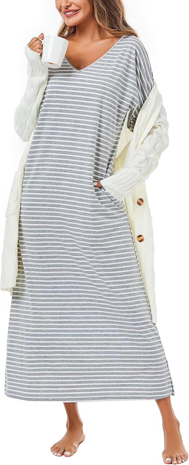 Uniexcosm Nachthemd Damen Lange Baumwolle 3/4 Ärmel Nachtkleid Nachtwäsche V-Ausschnitt Freizeitklei