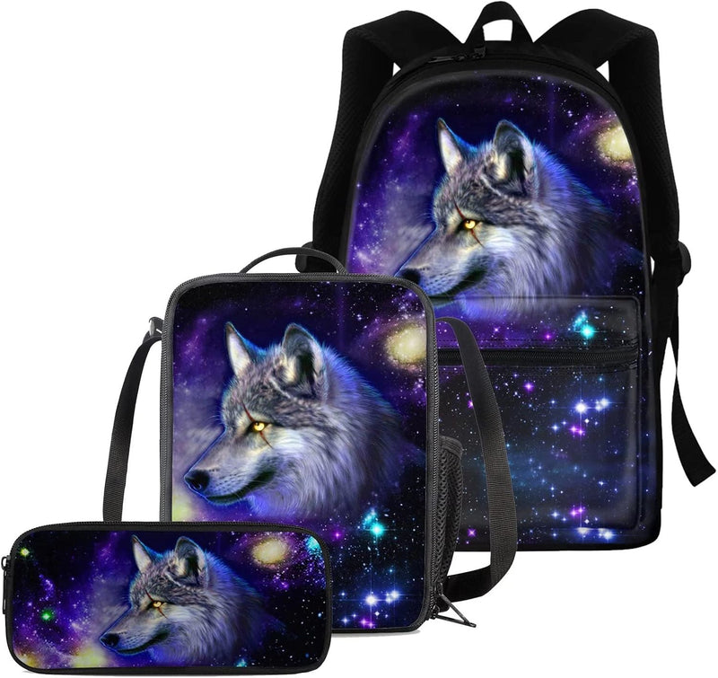 chaqlin Blue Galaxy Wolf Schulrucksack-Set für Jungen Teenager, 3-in-1-Schulbüchertaschen, Tierwolf,