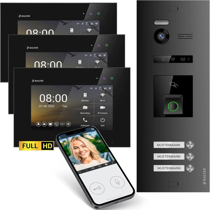 Balter EVO-HD Video Türsprechanlage mit Fingerprint, Video Türklingel, Smartphone App, 3 Familienhau