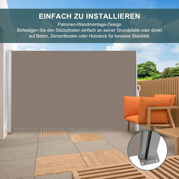 Seitenmarkise 180 x 300 cm Sichtschutz Seitenrollo Brau Markise Sonnenschutz Windschutz mit Bodenhal