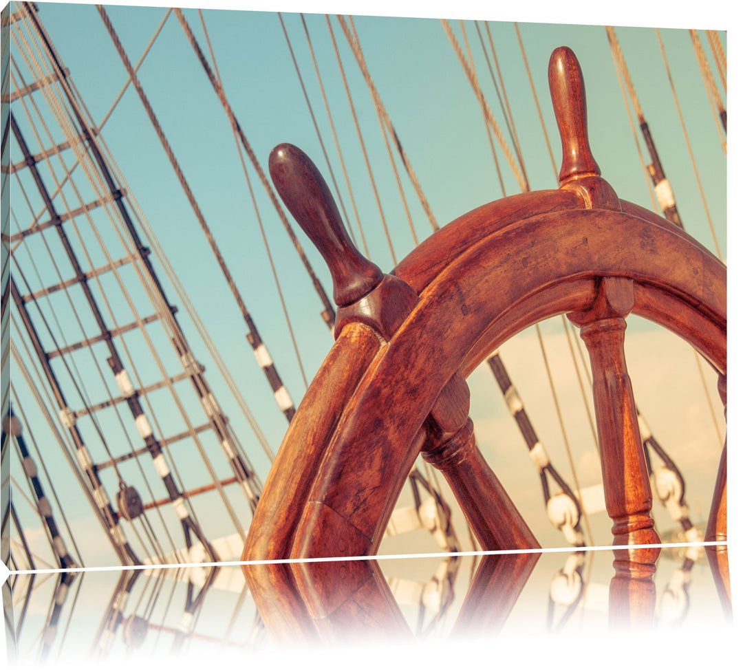 Pixxprint Steuerrad auf dem Schiff 100x70cm Leinwandbild Wandbild Kunstdruck, 100x70