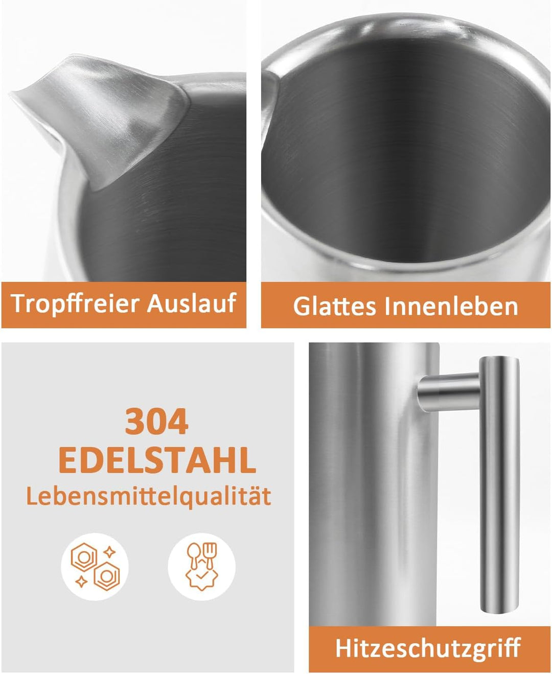 French Press 1000 ml / 8 Tassen, Kaffeebereiter aus Edelstahl, doppelwandig isoliert, Kaffeepresse m