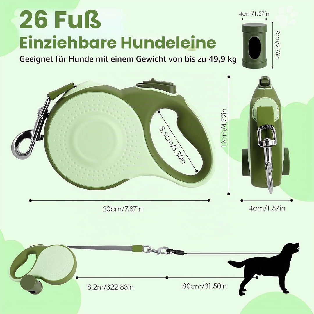 Einziehbare Hundeleine 8m, Rollleine für Hunde bis 50kg, Hundeleine mit Stahlseil &amp; Kotbeutelhalter,
