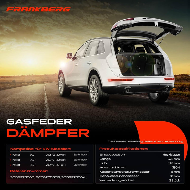 Frankberg 2x Gasfeder Dämpfer Heckklappe Kompatibel mit P.a.s.s.a.t 3C2 Alle Motoren Limousine 2005-