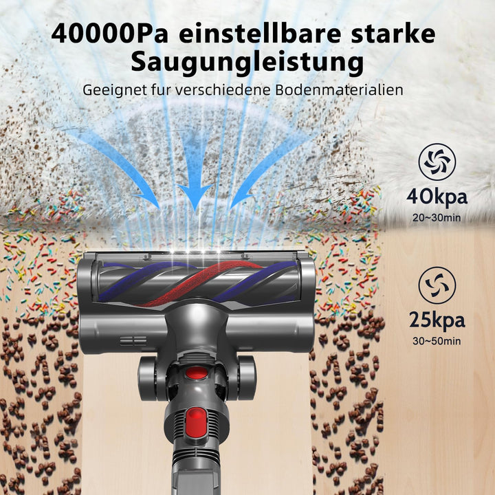 Akku Staubsauger 40000Pa/450W/100 Min mit 2 Austauschbaren Akku, 4 HEPA-Filter, 1,6 L Staubbehälter