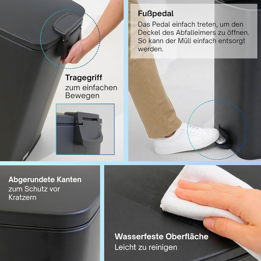 PROREGAL Mülleimer Küche Bad 50L, Abfalleimer mit Softclose & Stay-Open Deckel, Fusspedal & Inneneim