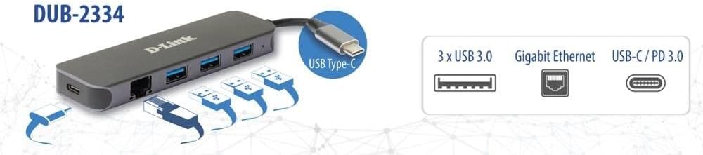 D-Link DUB-2334 5-in-1 USB-C Hub mit Power Delivery (PD 60W, Gigabit Ethernet, 3 USB 3.0 Ports, for