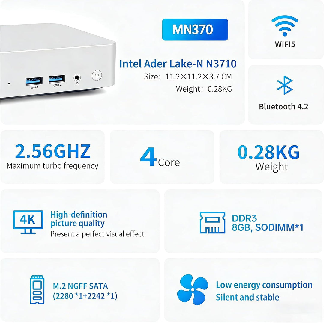 Mini-PC N3700 (4C/4T, 2,4 GHz) 8 GB RAM 128 GB SSD Win10 WLAN5/Bluetooth 4.2/RJ45 LAN 1000M/USB*4/US