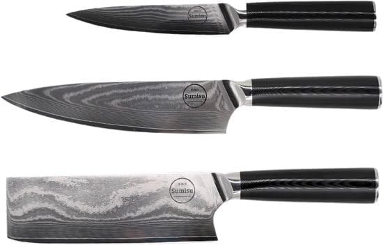 Japanische Messerset 3-teilig, Black Kollektion, 100% Damastmesser, Geliefert in luxuriöser Geschenk