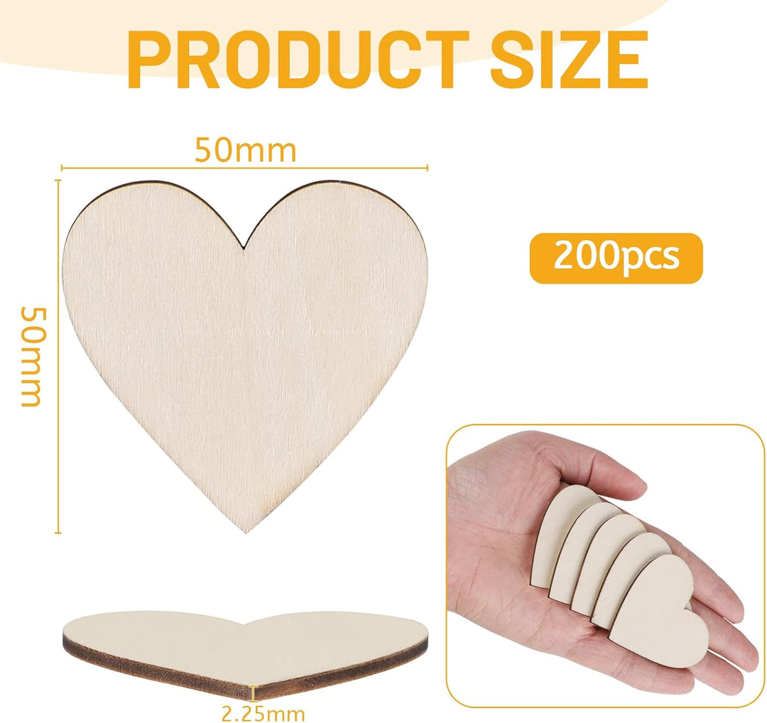 200 Stück 50mm Holzherzen Scheiben, 5cm Basteln Holzplättchen, Baumscheiben, Holz Platten, Naturholz