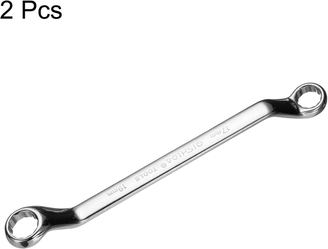 QUARKZMAN 2 Stück 45-Grad-Offset-Ringschlüssel 17mm x 19mm Metrisch 12-Punkt Spiegelverchromter Legi