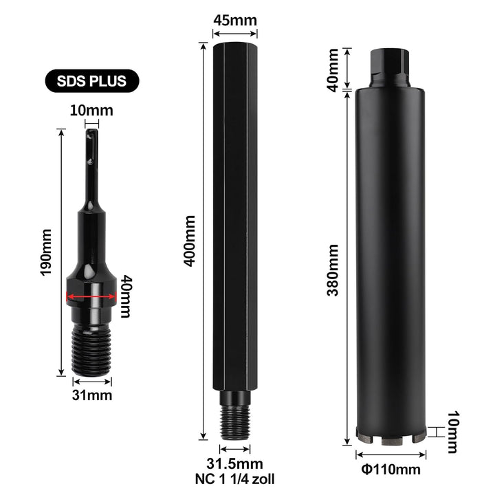 CPROSP 1¼" UNC ⌀110mm Diamantbohrkrone mit Kernbohrer Verlängerung 400mm und SDS PLUS Adapter, Kernb