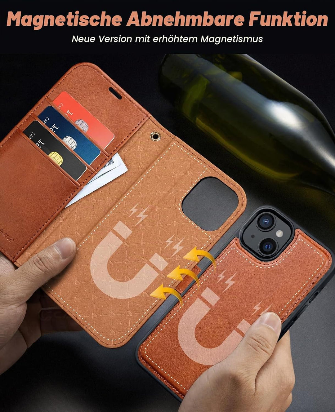 OCASE iPhone 15 Plus Hülle(2in1) Leder Stossfestes Case [Abnehmbare magnetische Hülle] [Kabelloses L