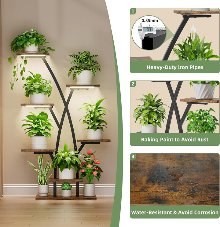 BACEKOLL Pflanzenständer mit Wachstumslicht - 7 Ebenen Blumenständer 105cm Metall Holz Pflanzenregal
