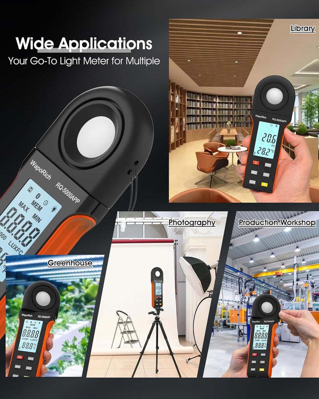 Luxmeter Bluetooth Lichtmessgerät, WapoRich Digital Light Meter Belichtungsmesser Misst 1~400,000Lux
