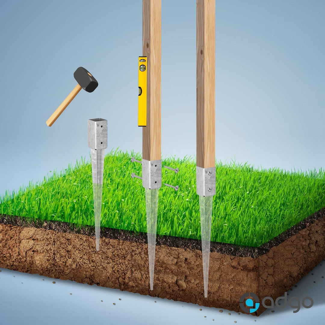 ADGO Einschlagbodenhülse - 4er Set Pfostenträger 60x60 Länge 750 mm - Zaunpfostenträger - Bodenanker