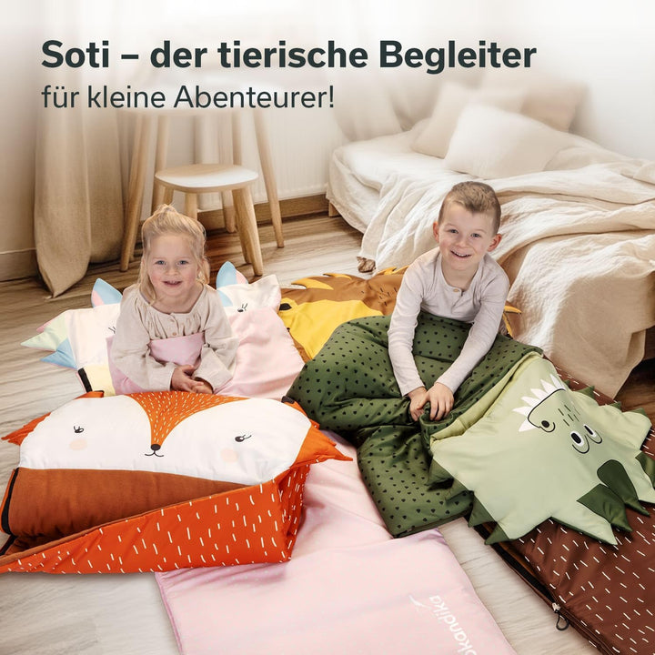 Skandika Kinderschlafsack Soti | Camping Schlafsack für Kinder bis 150 cm, buntes Design mit Tiermot