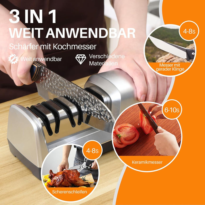 15 Grad Messerschärfer, 3-in-1 Elektrischer Messerschärfer für Fleisch und Gemüsemesser, Profi für G