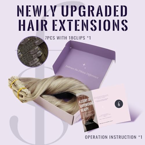 Fshine Echthaar Extensions Clip 35cm 120g Aschblondes Highlight mit Bleichblond Clip in Extensions E
