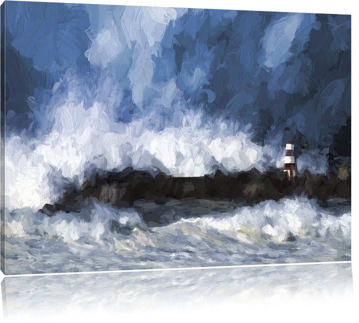 Pixxprint Tobendes Meer mit Leuchtturm Pinsel Effekt, Format: 100x70 auf Leinwand, XXL riesige Bilde