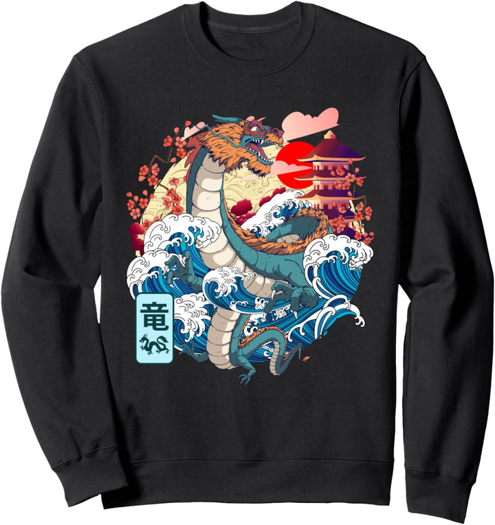 Japanischer Drache, grosse Welle Kanagawa Japanische Vintage-Kunst Sweatshirt