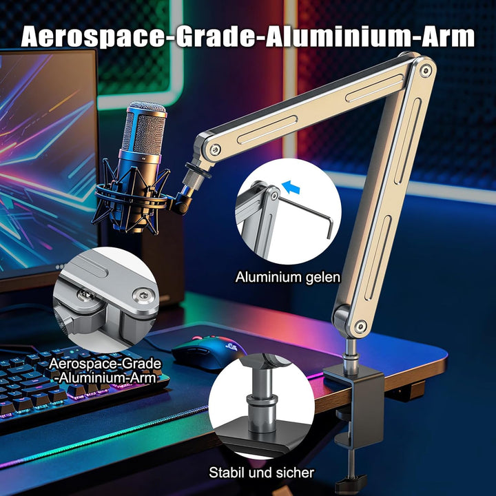 Aluminium Mikrofon Arm Tisch für Live-Streaming, Singe, Gaming | Aluminium Mikrofonständer Schreibti