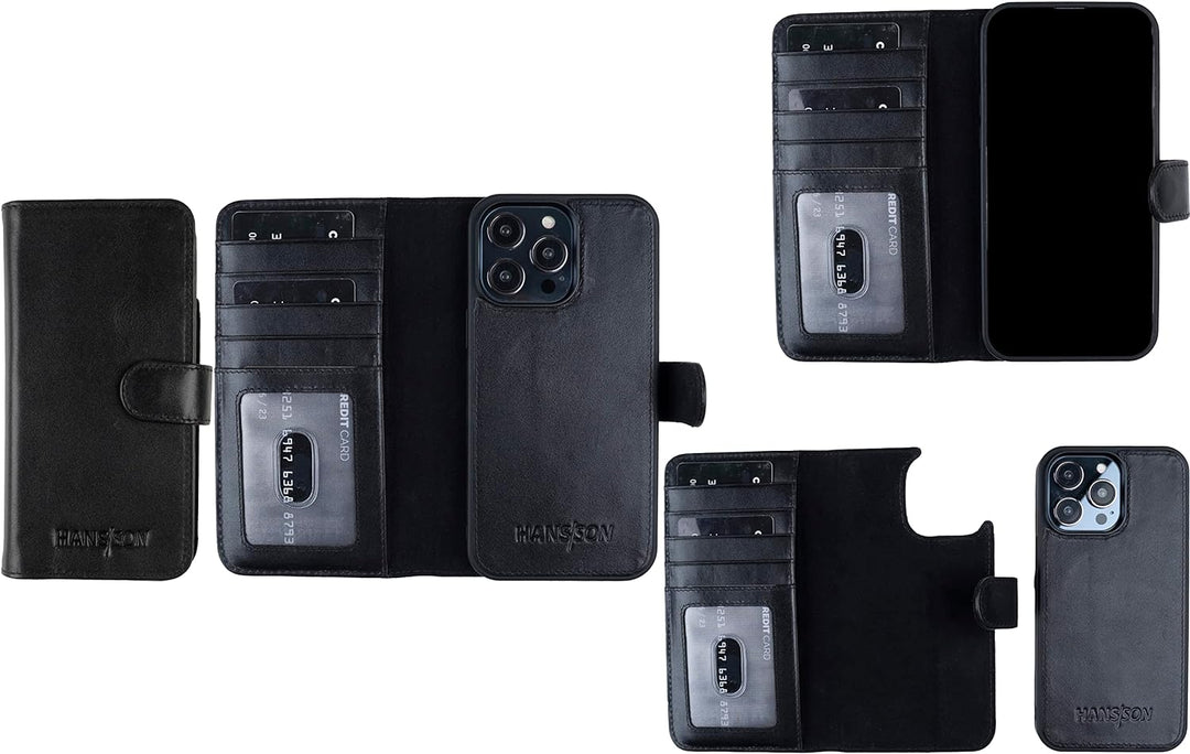 HANS/SON Handyhülle kompatibel mit iPhone 14 pro | Flip Case Echt-Leder | Magsafe Klapphülle mit Kar