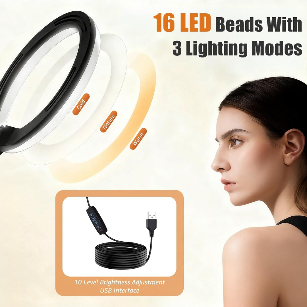 Handy-Stativ mit LED Ringlicht (10,24 Zoll), Stromversorgung über USB, 3 Farbmodi, 360 ° drehbare Be