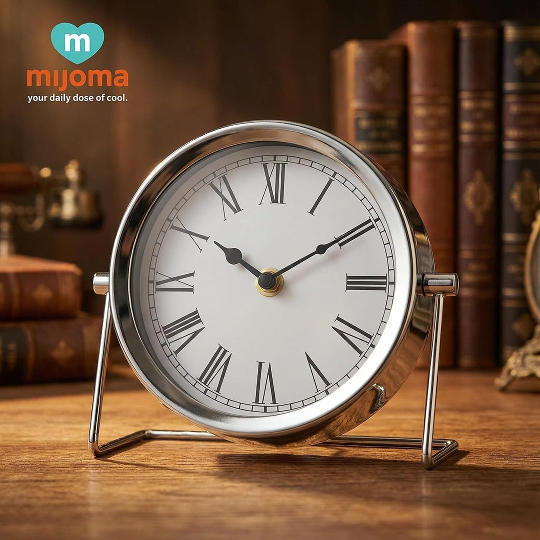 MIJOMA Retro Tischuhr Metall Silber – Vintage Design Uhr mit römischen Ziffern – Batteriebetriebene