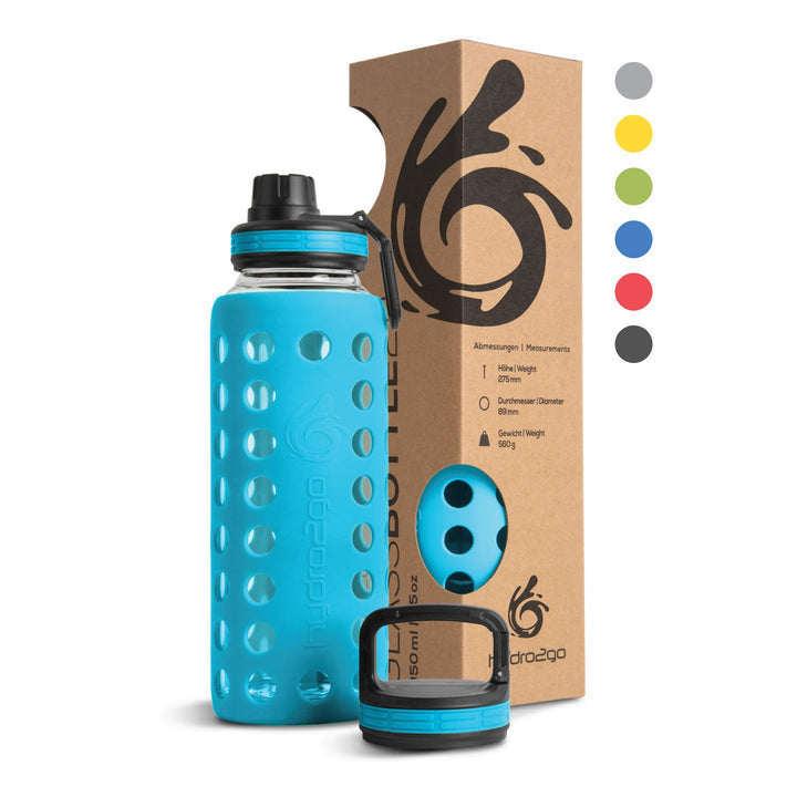 hydro2go® Trinkflasche aus Glas mit Silikonhülle 950 ml - spülmaschinenfest | 2 auswechselbare Decke