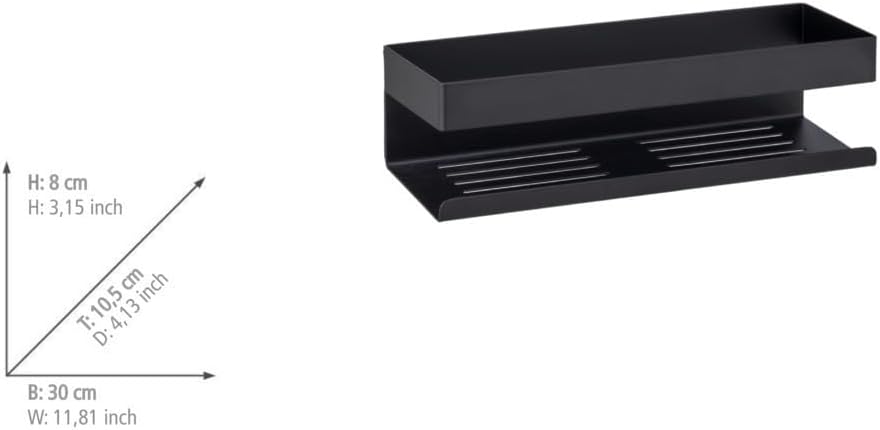 WENKO Turbo-Loc Wandablage Genova Black, Bad-Ablage, Befestigen ohne Bohren, 30 x 8 x 10,5 cm, Schwa