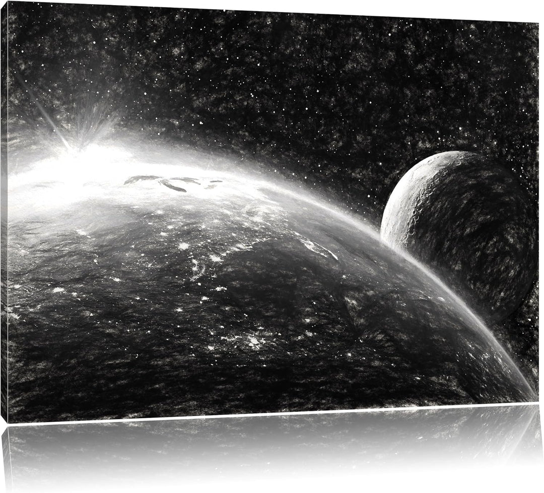 Pixxprint Die Erde und Ihr Mond aus dem All Kohle Zeichnung Effekt, Format: 100x70 auf Leinwand, XXL