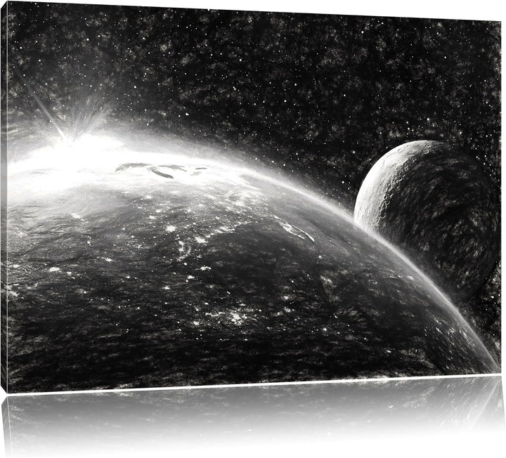 Pixxprint Die Erde und Ihr Mond aus dem All Kohle Zeichnung Effekt, Format: 100x70 auf Leinwand, XXL