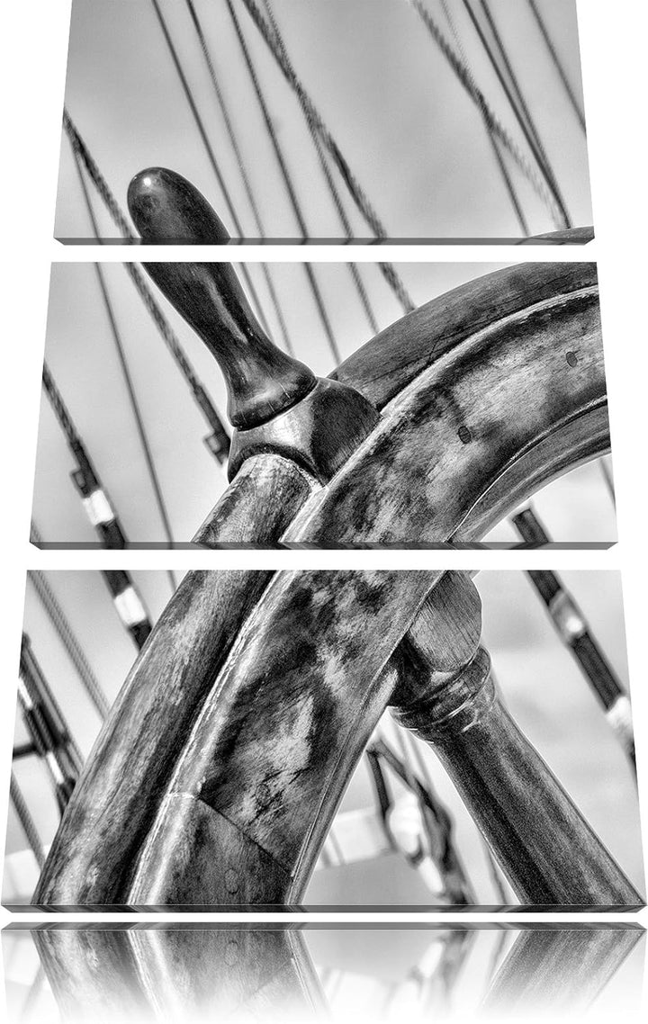 Pixxprint Steuerrad auf einem Schiff 3Teiler 120x80 cm Leinwandbild Wandbild Kunstdruck