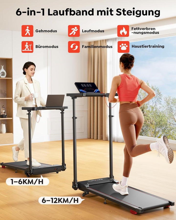 Laufband für Zuhause 12km/h, 6 IN 1 Elektrisches Laufband mit 10% Steigung, 1080MM Einziehbares Stei