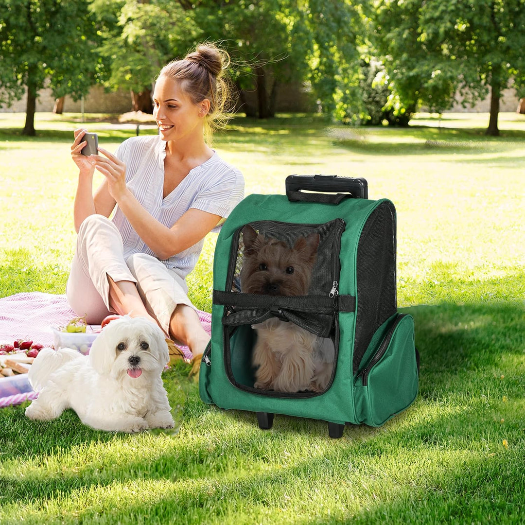 PawHut 2-in-1 Rucksackträger für Haustiere mit Rädern 42x25x55cm Grün | Seitentaschen, Teleskopgriff