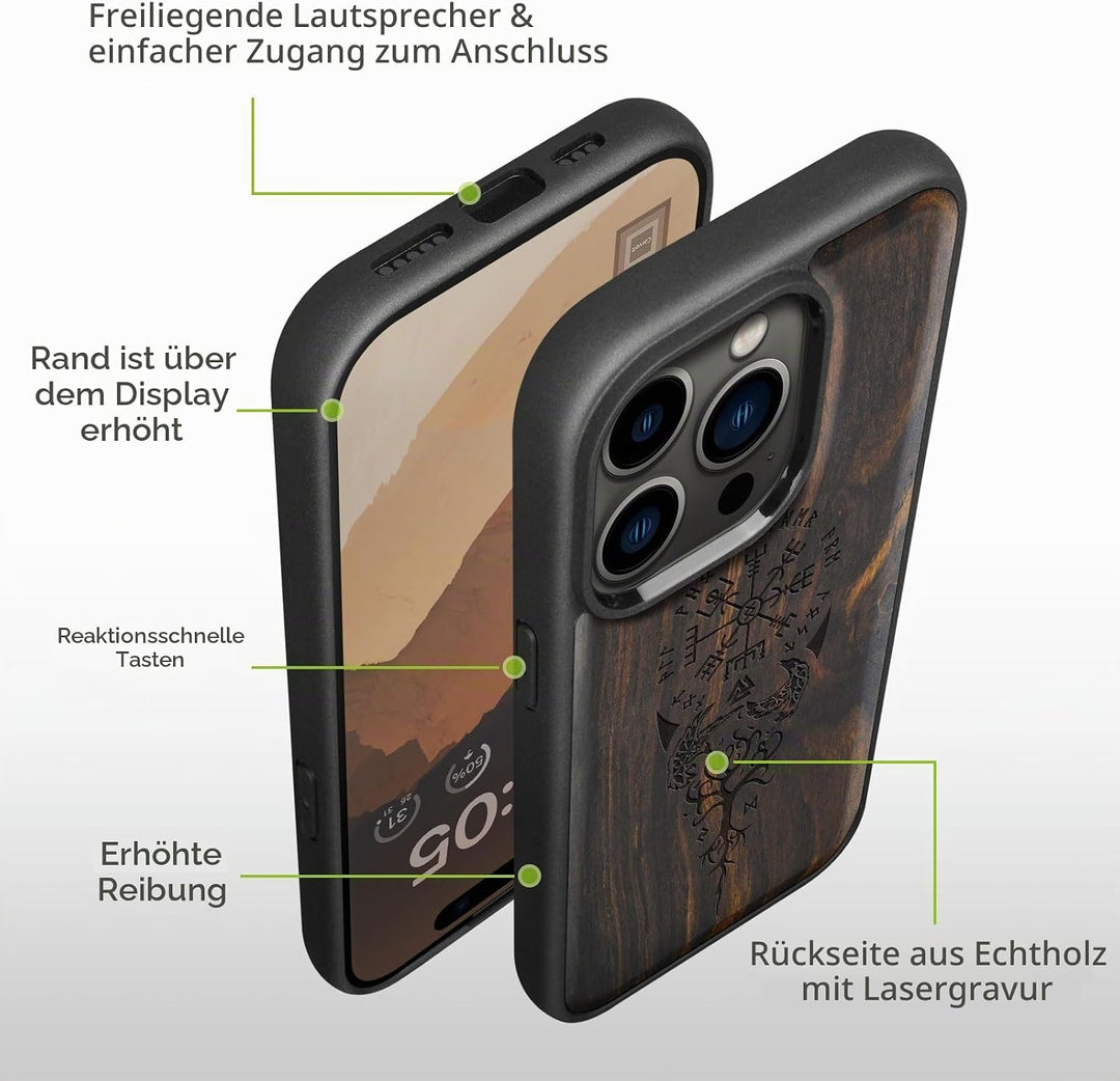 Carveit Holz Cover für iPhone 15 Pro hülle, Kompatibel mit Magsafe Silikon Stossfeste Cover, Magneti