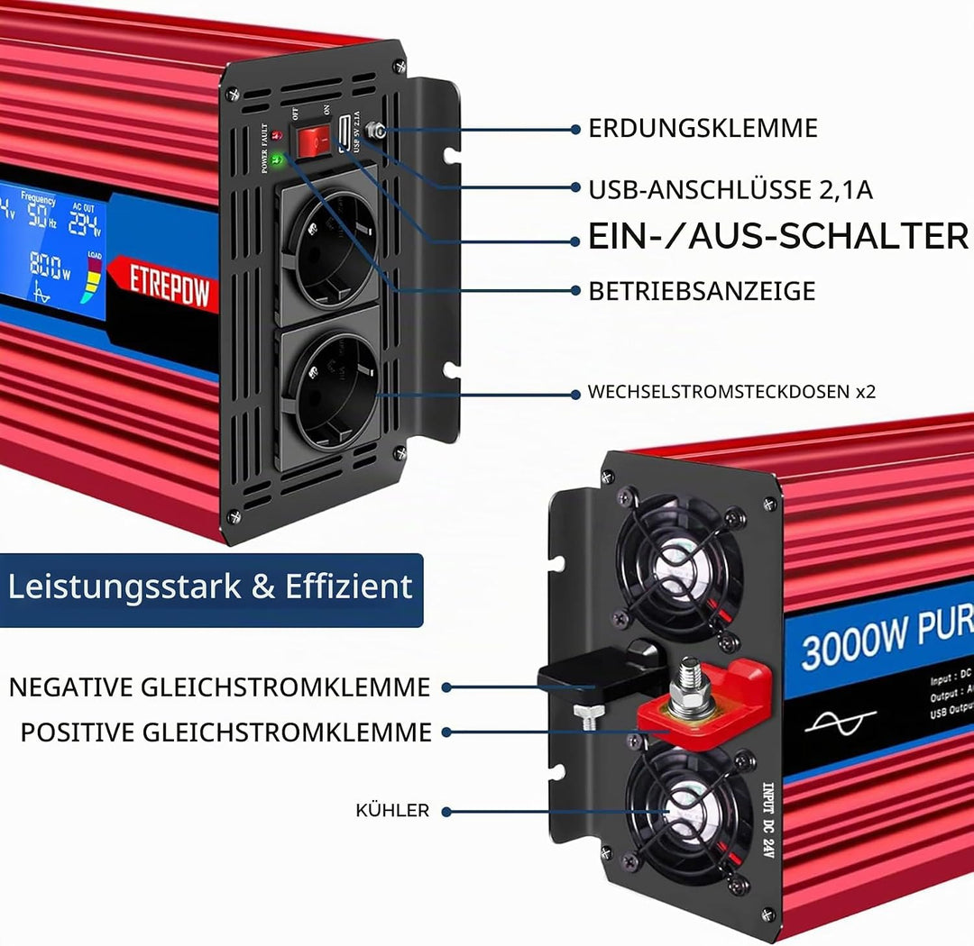 ETREPOW Spannungswandler 3000w 24v Auf 230v Reiner Sinus Wechselrichter mit 2 EU-Steckdose und Einer
