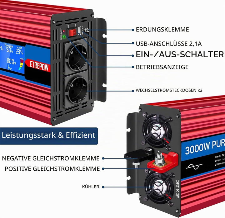ETREPOW Spannungswandler 3000w 24v Auf 230v Reiner Sinus Wechselrichter mit 2 EU-Steckdose und Einer