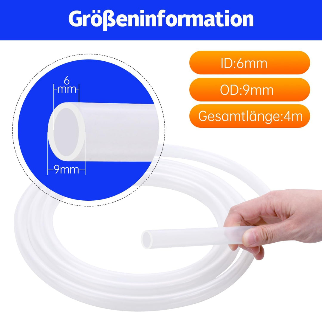 Silikonschlauch - Transparenter Gummischlauch für Haushalt, Trinkwasser, Industrie - 6mm ID x 9mm OD