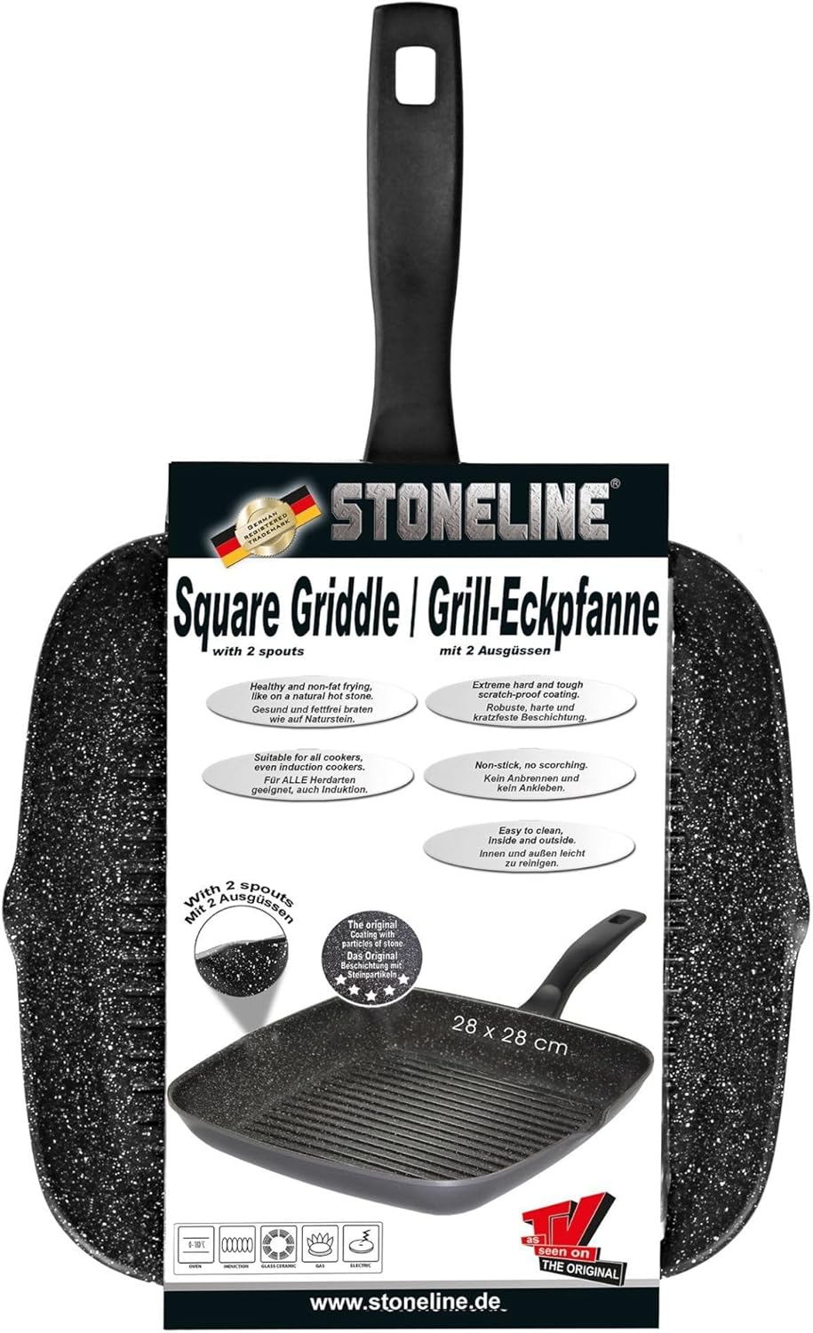 STONELINE Grillpfanne 28 x 28 cm, Aluguss Pfanne antihaftbeschichtet mit echten Steinpartikeln, Gros