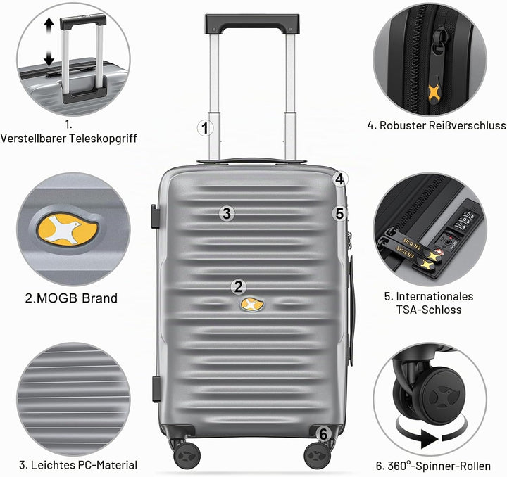 MGOB Koffer Handgepäck Hartschalen Trolley Polycarbonat Leicht Reisekoffer mit TSA-Schloss, 55x36x21